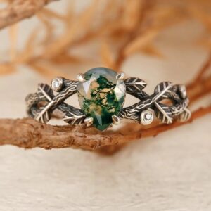 Forest Whispers – Moss Agate Twig & Leaf Ring